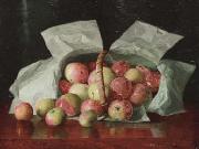 William J. McCloskey Lady Apples in Overturned Basket. Signed W.J. McCloskey oil painting